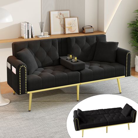 2-Sitzer-Schlafsofa (175x80x73.5 cm), verstellbare Rückenlehne, mit Getränkehalter, Samt, Schwarz (1/5)
