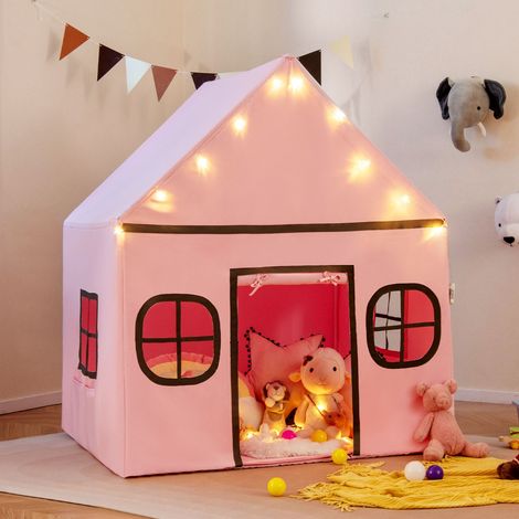 Tente de Jeu pour Enfants Grande Maisonnette avec Rideau de Porte et Fenêtres Étoiles Lumineuses Tapis Rembourré Antidérapant Poche Rose (1/2)