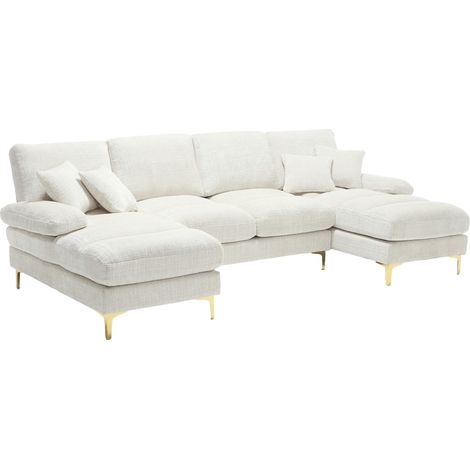 Modulares U-Sofa aus Chenille in Beige mit Doppel-Chaise-Longue und goldenen Metallbeinen (1/5)