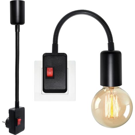 2PCS Douille avec Interrupteur, Support Ampoule E27, 9MM Grossier Flexible Col de Cygne, Noir Lampe de Prise, Spot avec Prise, Lampe de Lecture Murale, Éclairage Temporaire, Sans Ampoule (1/5)