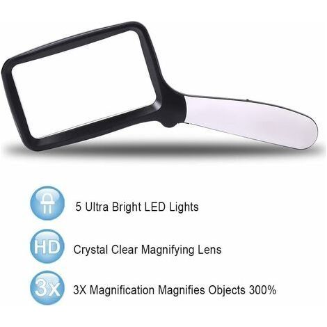 Faltbare Leselupe mit 5 LED-Leuchten, 3-facher Vergrößerung und 2 Dimmstufen, ideal zum Lesen von Kleingedrucktem, Büchern, bei Sehschwäche und für bequemes Lesen bei Nacht. (1/4)