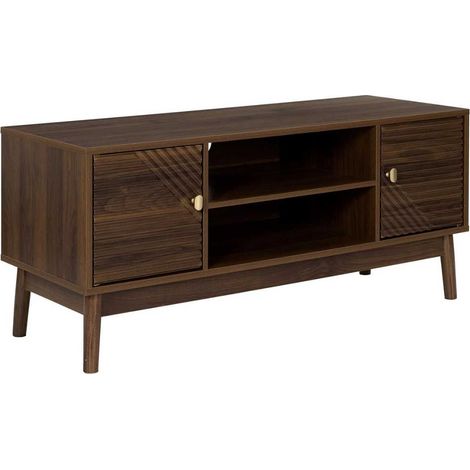 Meuble TV 2 portes 2 niches en bois et MDF pieds en pin teinté chêne foncé - COLETTE (1/5)