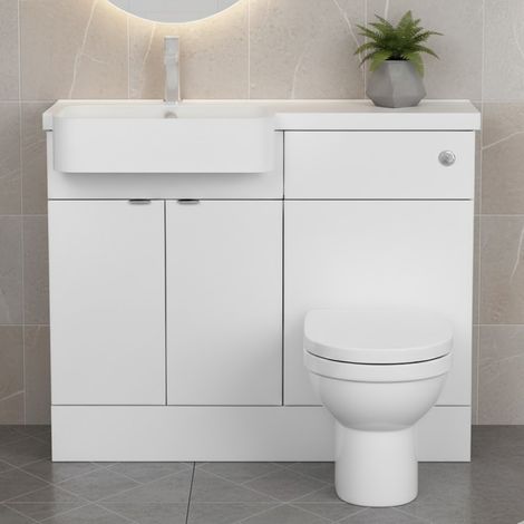 Hudson Reed Fusion LH Combination Unit with Round Semi Recessed Polymarble Basin 1100mm Wide - Gloss White (1/4)