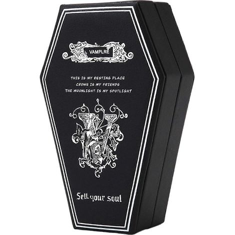 Organisateur de bijoux compact en forme de cercueil, étui étanche en PU, idéal pour une décoration terrifiante, un mariage ou un cadeau d'Halloween. Noir et blanc. (1/4)