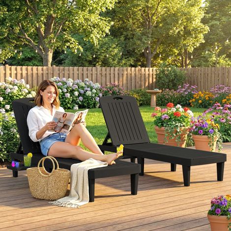 Conjunto de 2 Tumbonas Reclinables de Plástico PP con Bandeja Lateral Respaldo Ajustable 5 Niveles 192x57x28,5 cm Negro (1/5)