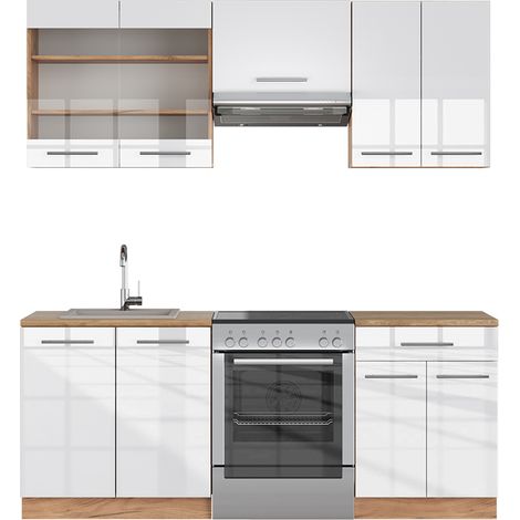 Cuisine Fame-Line, Blanc brillant/Chêne doré, 200 cm , PT Chêne, Vicco