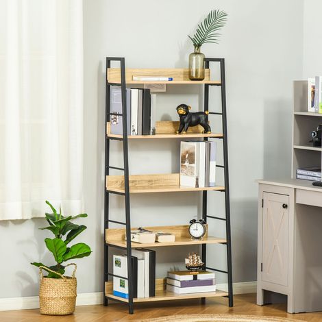 Étagère bibliothèque Style Industriel incliné 5 Niveaux 70L x 35l x 150H cm couleur chêne Clair Noir