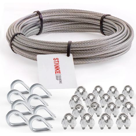 Seilwerk STANKE Rankhilfe Edelstahldrahtseil 40m V4A Edelstahlseil 3mm 7x7, 8x Kausche V4A, 16x Bügelformklemme V4A - SET 3