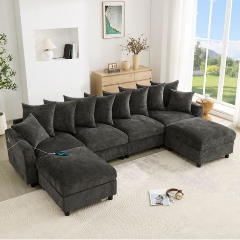 Sofá esquinero modular de 6 plazas, 283x153,5x78,5 cm, 2 otomanas, 10 cojines, USB tipo C, chenilla gris (1/5)