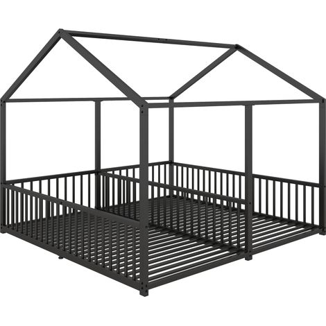 Cama infantil de metal 90 x 200 cm, estructura de casa con barandilla y escalera, negro (1/5)