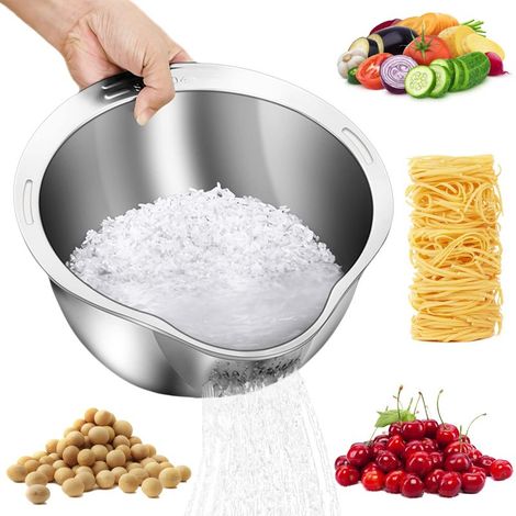 Bol lave-riz et passoire 4 en 1 pour le quinoa, en acier inoxydable avec égouttoirs latéraux. Petite passoire pour nettoyer les fruits, légumes et légumineuses. Un ustensile de cuisine polyvalent. (1/5)