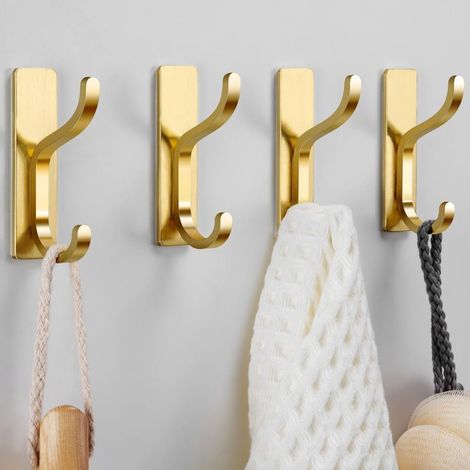 Crochets autocollants dorés pour suspension - Robustes à coller (supporte 6 kg), crochets muraux pour serviette, manteaux, sacs, porte-monnaie, clés - pour salle de bain, cuisine - en acier (1/5)