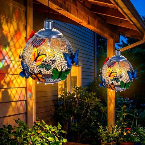 2 Pack Solar Hanging Butterfly Ball Lights Outdoor - IP65 Waterproof Metal Garden Ornaments with Warm White LED - Solar Garden Lights for Outside Patio, Yard, Tree Decorations, Butterfly, Wedding (1/5)