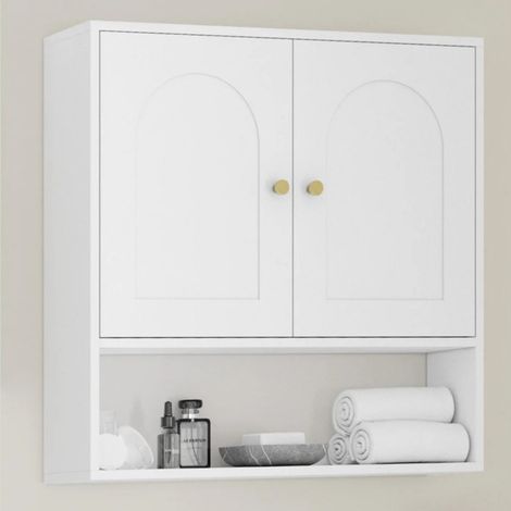 Mueble de almacenamiento suspendido para el cuarto de baño ARSENE: armario de pared con 2 puertas y estante, de madera blanca (1/5)