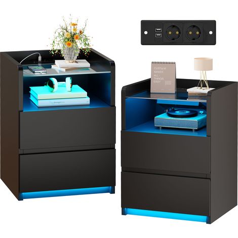 Tables de chevet, lot de 2 ,  LED réglable, prise de courant et port USB,Tiroirs et compartiment Ouvert,noir (1/5)
