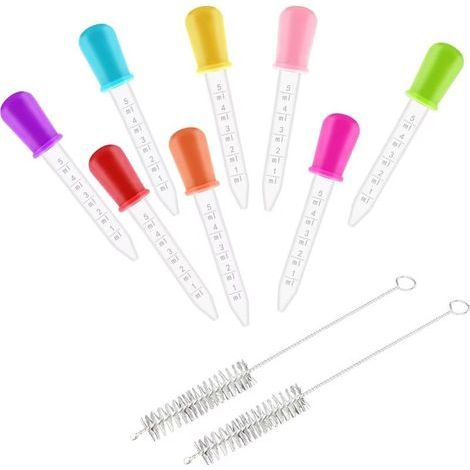 8 PCS Pipette Dropper, Pipette Plastique, Pipette Graduée avec 2 Brosse Propre, Compte Goutte, Pipettes, Liquide Pipettes, Gouttes en Silicone et Transfert, pour Alimentaire, Domestiques, 8 Couleurs