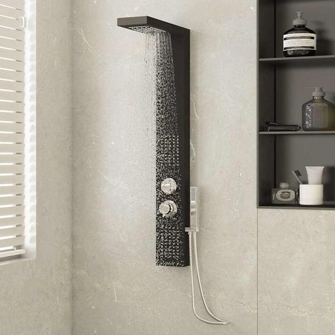 Colonne de douche panneau mural aluminium noir 114 cm effet pluie cascade jets massage douchette (1/5)