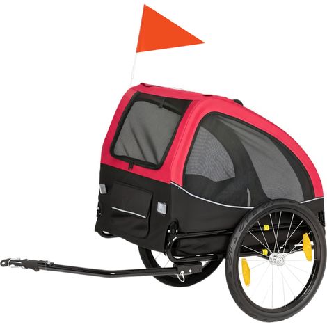 Remorque pliable pour chien 20 kg, réflecteurs, fenêtre en filet, roues, porte, fanion sécurité, 138 x 70 x 89 cm, rouge