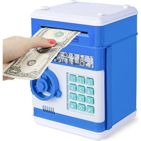 Tirelire électronique bleue avec mot de passe, coffre-fort ATM pour enfants, banque à pièces et billets, cadeau idéal pour garçons et filles, sécurité et amusante. (1/5)