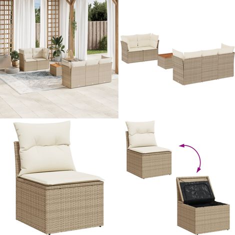 6-tlg. Garten-Sofagarnitur mit Kissen Beige Poly Rattan - Gartenmöbel Set - Esstischset - Rattan Möbel - Outdoor Sofa - Lounge Set - Home & Living (1/5)