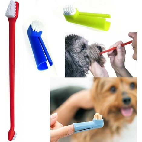 TrAdE Shop Traesio - Set Spazzolino Lungo Doppio Con 2 Testine Dito Per Cane Animali Pulizia Denti - (1/2)
