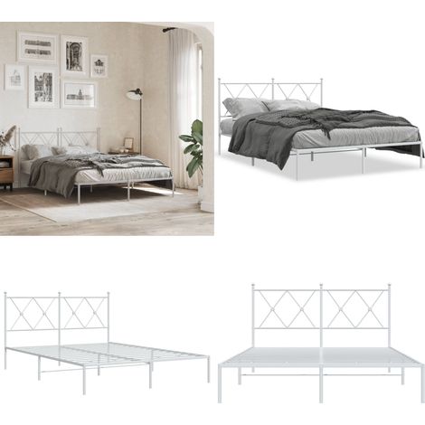 Cadre de lit métal sans matelas et tête de lit blanc 135x190 cm - Cadre De Lit - Lit Double - Lit Metal - Lit Blanc - Sommier - Home & Living (1/5)