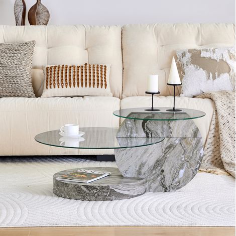 Tavolino basso rotondo 2 livelli in vetro temperato, MDF effetto marmo grigio, 90x70x44 cm REDOM (1/5)