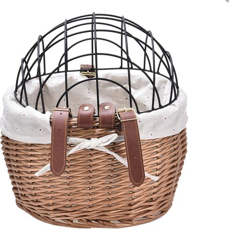 Cesta de bicicleta de mimbre con tapa metálica – 30 x 25 x 30 cm – Fácil montaje sin herramientas – Ideal para mascotas y como regalo (1/5)