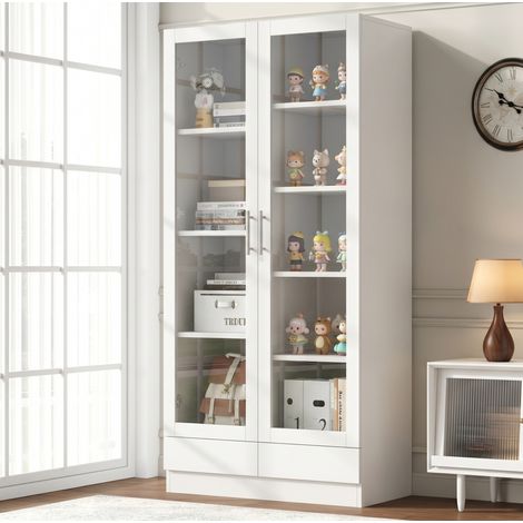 Armadio alto contenitore con ante in vetro temperato e 2 cassetti 80x40x160 cm bianco (1/5)