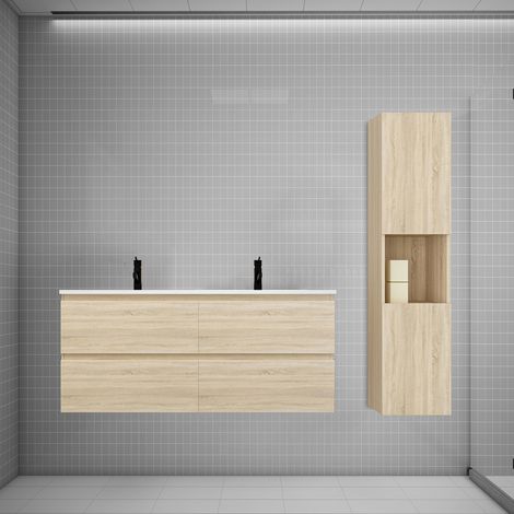 Aica Ensemble meuble double vasque L.120cm chêne 4 tiroirs + lavabo + colonne