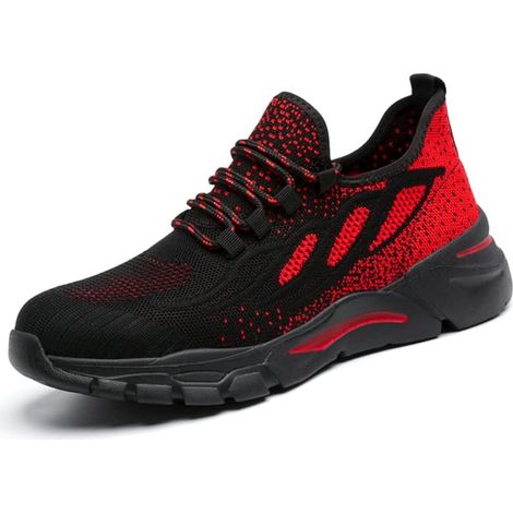 Chaussures de Sécurité Homme, Femme Léger Respirant Embout Acier Protection, Rouge Chaussures de Travail Antidérapantes, Taille 42 (1/5)