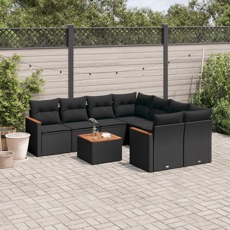 Ensemble Salon Jardin 9 Places Noir Résine Tressée avec Table Acacia et Coussins Déhoussables (1/5)