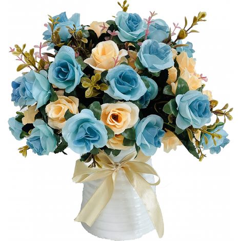 Bouquet De Roses Artificielles - Vase En Céramique - Pour Décoration Table Bureau Mariage - Lot De 5 Bouquets + 1 Vase (1/5)