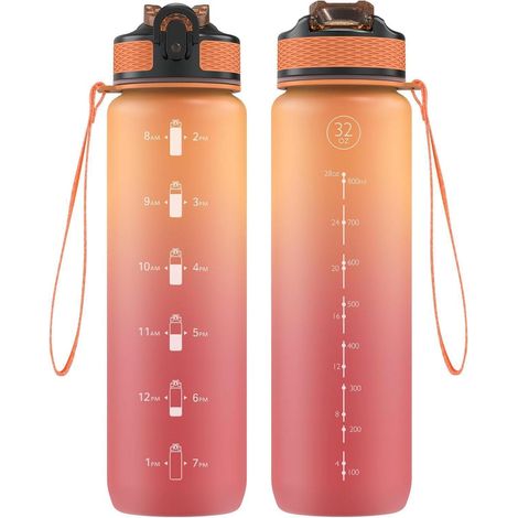 Trinkflasche 1L Strohhalm Tritan BPAfrei Zeitmarkierungen Orange Rot (1/5)