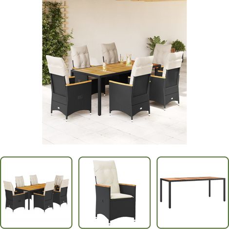 Gartentisch -  7-tlg. Garten-Essgruppe mit Kissen Schwarz Poly Rattan (1/5)