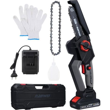 21V Mini Cordless Pruning Chainsaw with 4000mAh Battery and Fast Charger, 6-inch with 2 Chains, 5800rpm Speed for Cutting Wood and Gardening (1/5)