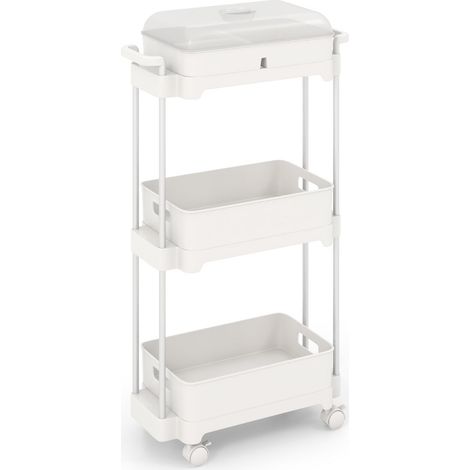 Carrello portaoggetti a 3 ripiani 46 x 21 x 82 cm coperchio trasparente design multifunzionale lega di alluminio bianco 200011360