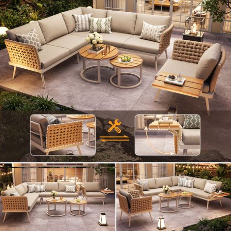 Salon de jardin modulable en L pour 7 personnes avec accoudoirs tressés,Canapé d'angle,fauteuil et tables gigognes,Beige (1/5)