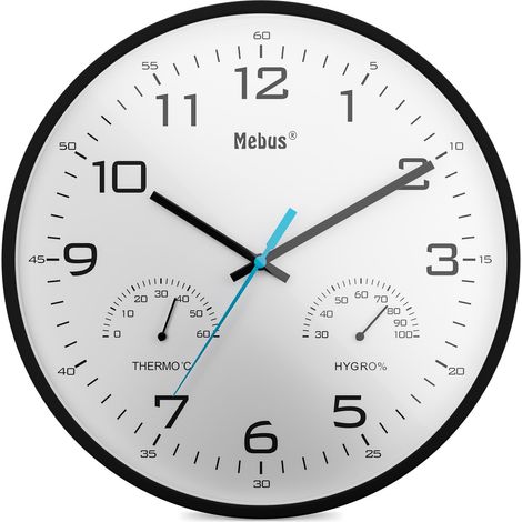 Mebus moderne Quarz-Wanduhr mit Temperaturanzeige und Luftfeuchtigkeit, 30 cm Durchmesser groß, Wohnzimmer, Küchenuhr, Rund/Modell: 16180 / Farbe: Schwarz (1/4)