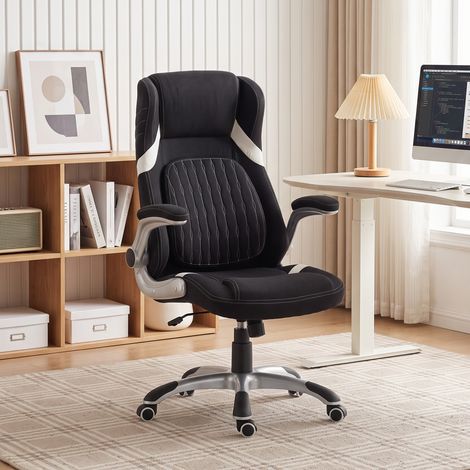Chaise de Bureau Ergonomique en Tissu Aspect Lin, Soutien Lombaire, Hauteur Réglable, Bascule, Noir (1/5)
