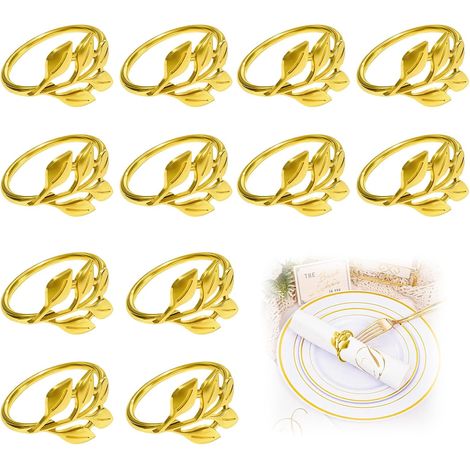 Lot de 12 ronds de serviette feuille or en métal, élégants pour mariage, Noël, anniversaire et banquet (1/5)