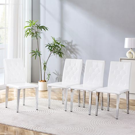 Ensemble de 4 chaises de salle à manger blanc pur et pieds métalliques argentés – élégance luxueuse pour cuisine ou salon. Idéal pour un intérieur européen, design polyvalent et raffiné. (1/5)