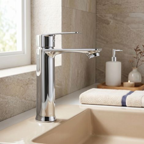 Mitigeur de lavabo, Robinet de Lavabo de Salle de Bain, Mitigeur 17cm, Aérateur Économie d'Eau, Valve en Céramique, Cuivre Chromé, Argent (1/5)