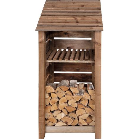 Wooden log store, Slatted timber storage with kindling shelf (W-79cm, H-180cm, D-88cm) brown finish