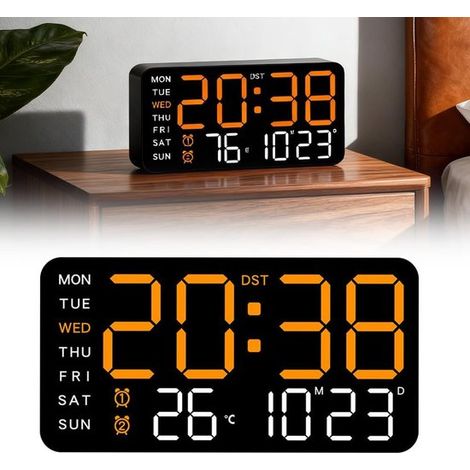 Horloge murale numérique LED avec USB, double alarme, affichage de la température et de la date, luminosité réglable, noir et orange (1/4)