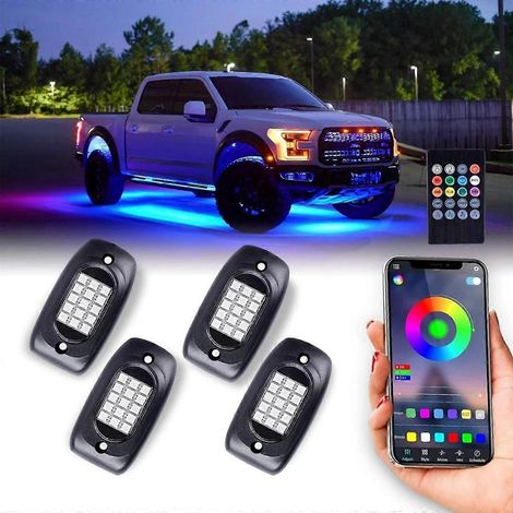 Éclairage LED RGB étanche pour roches, kit de 4 néons compatible avec les éclairages sous caisse, application et télécommande sans fil, éclairage extérieur compatible avec les jantes de voiture, éclai (1/5)