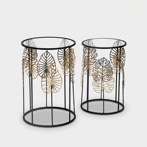 Set de 2 mesitas redondas de metal y cristal Foglie Glam (1/5)