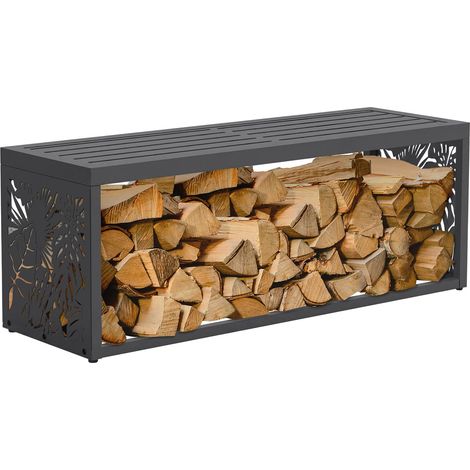 ML-Design Range-bûches pour intérieur et extérieur avec banc, acier galvanisé, conception 2-en-1 motif feuilles, rangement bois de chauffage, support d'empilage résistant aux intempéries, 120x38x43 cm (1/5)