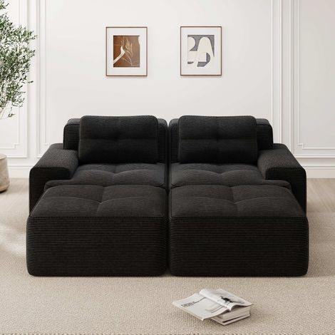 Canapé modulable Cloud 2 places noir en tissu côtelé, canapé sans structure avec ottoman, assise profonde, canapé en U convertible sans montage pour salon (1/5)