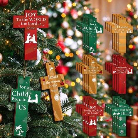 24 flache Weihnachtskreuze aus Holz – religiöse Weihnachtsdekoration mit aufgedruckten Weihnachtstexten – flache Hängeornamente für Weihnachtsbaum, Kaminsims und Fenster – festliche Weihnachtsdekorati (1/5)